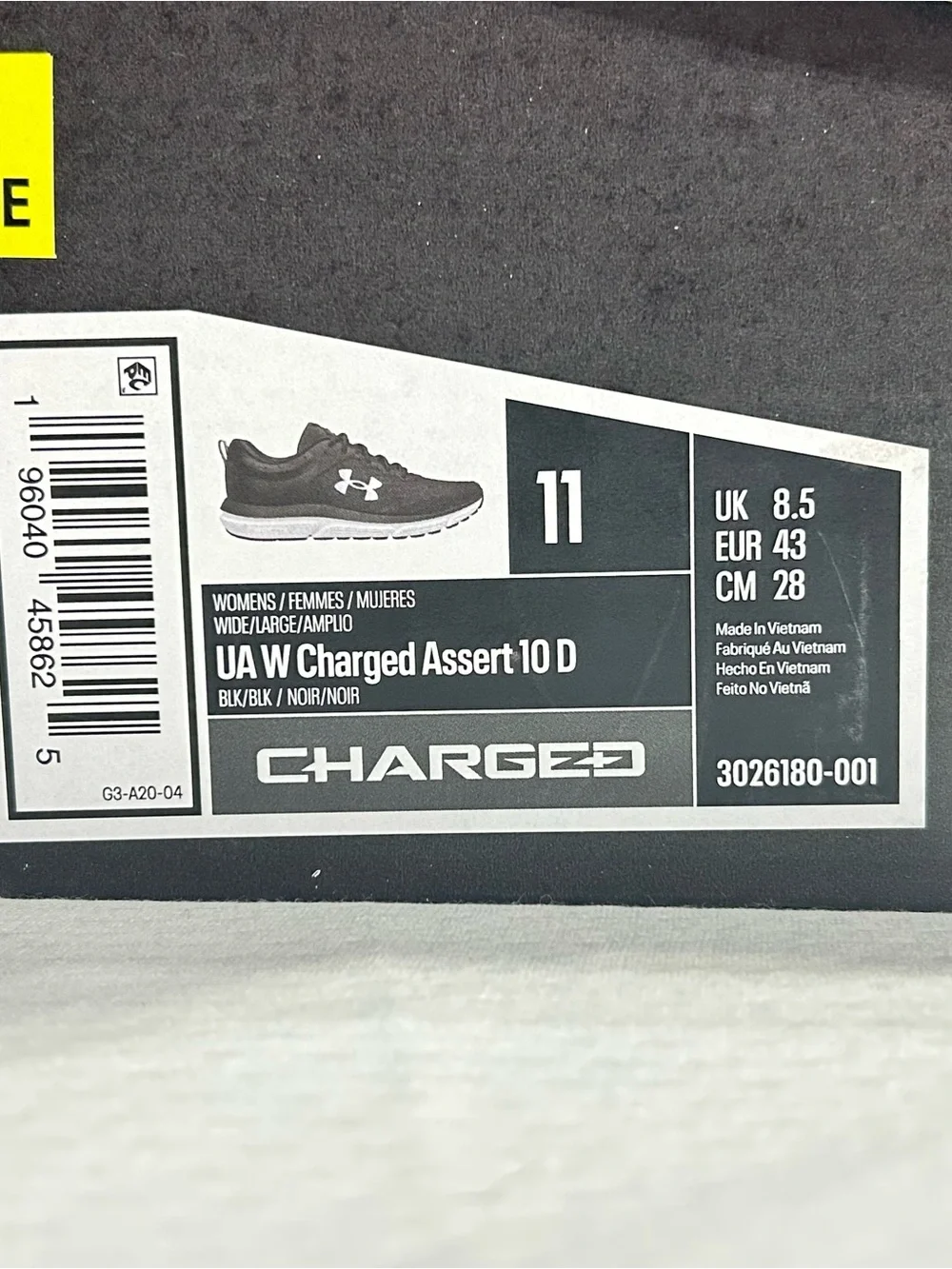 Under Armour Women’s Charged Assert 10 – Black/White – Size 11 D Wide